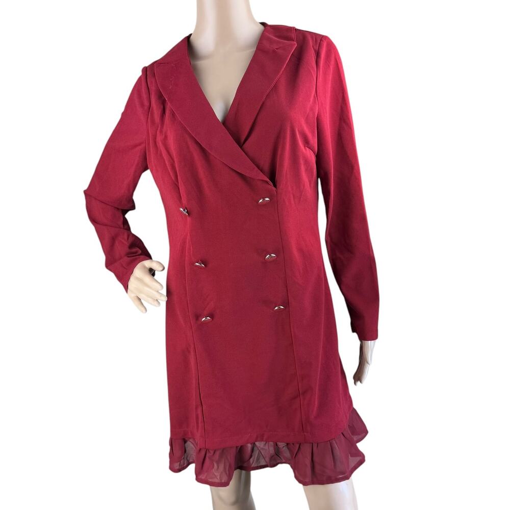 NWT Available Womens Red Double Breasted Blazer Dress Ruffle Hem Size L